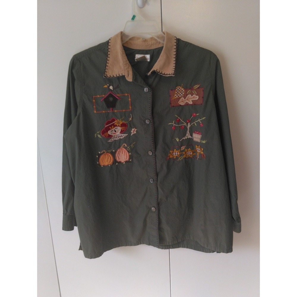 Vtg Bobbie Brooks Embroidered Button Up Shirt Size 22/24 Fall Pumplin Scarecrow